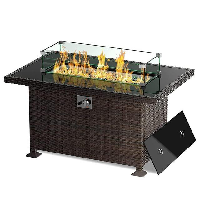 Amopatio Propane Gas Fire Pit Table, 44 Inch 50000 BTU Auto-Ignition Rattan Outdoor Fire Pits Table for Outside Patio with Glass Tabletop, Glass Wind Guard, Colorful Glass Stone Rock & CSA Certified