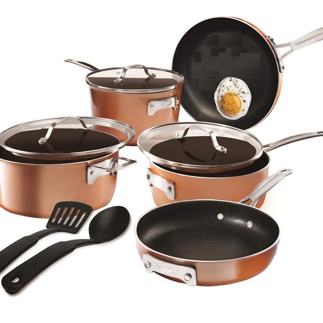 Gotham Steel Stackable Pots and Pans Stackmaster 10 Piece Cookware Set with Ultra Nonstick Cast Texture Ceramic Coating, Copper