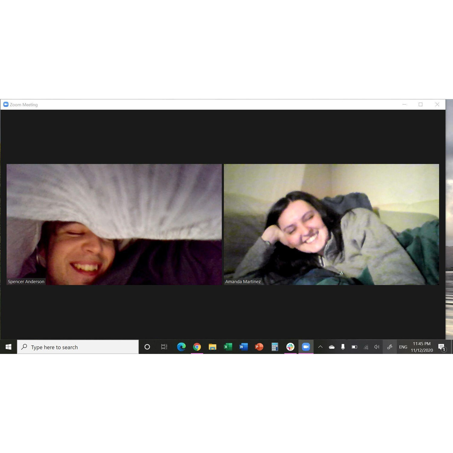 We did A LOT of zoom calls when we first started dating to get through the school breaks. This is a screenshot of one of our calls to catch up and watch a show together.