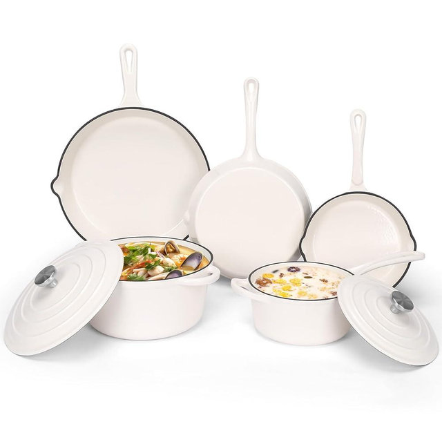 QuliMetal Enameled Cast Iron Cookware Set, 5-Piece Pots and Pans Set with Lids, Skillet, Frying Pan, Saucepan & Dutch Oven for All Stovetops, PFOA Free, Ideal for Sourdough Bread Baking