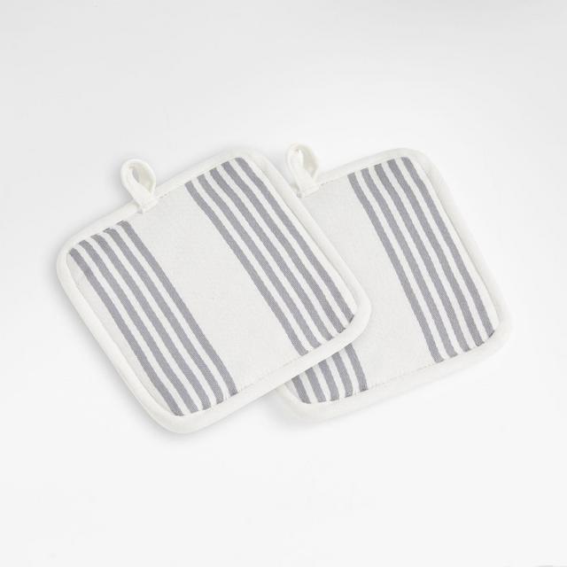 Cuisine Stripe Grey Organic Cotton Pot Holders, Set of 2