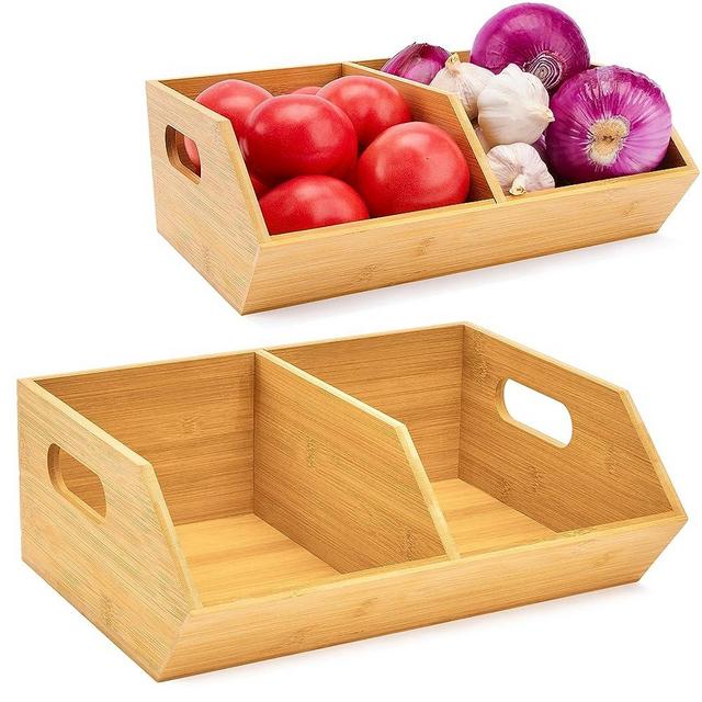 2 Set Stackable Bamboo Storage Bin, Pantry Organization and Storage Baskets, Kitchen Organization, Potato and Onion Storage Bin - Ideal for Pantry, Countertop, and Vegetable Storage