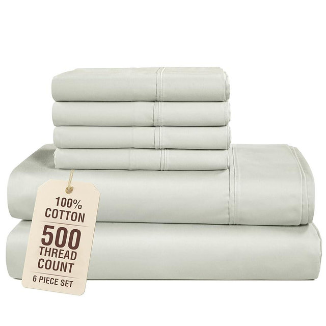 Casa Platino 6 Piece Full Bed Sheets Set, 100% Cotton with 500 Thread Count Silky Sateen Finish, Soft and Smooth Sheets Full Size Bed Set, 15 Inch Deep Pocket Fitted Sheet with Pillowcases – Silver