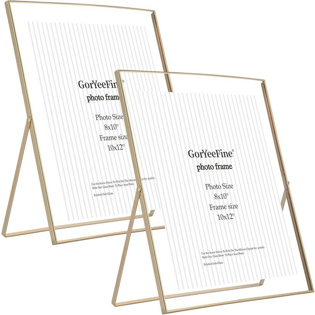 GorYeeFine Gold 10x12'' Floating Frame 2pack For Photo Sizes(8.5x11'',8x10'',7x9''),Beautiful Metal Beaded Edge 8x10'' floating picture Frames, Adjustable Tabletop/Shelf Photo Frame