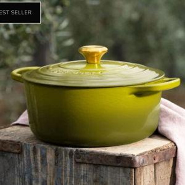Le Creuset Round Dutch Oven (Olive Color w/ Gold Handle)