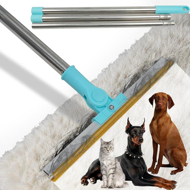 Relieti Carpet Rake for Pet Hair Removal - Reusable Hair Removal Tool with 54‘’ Long Handle Built-in Metal Scraper Head, Ideal for Cat Dog Hair and Matted Carpets