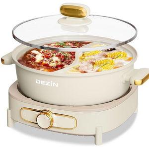 Dezin Hot Pot Electric with Divider, 6L Double-Flavor Shabu Shabu Pot, Dual Sided Removable Non-Stick Hotpot Pot Electric, 3" Depth Chinese Hot Pot with Multi-Power Control, 2 Silicone Ladles Included
