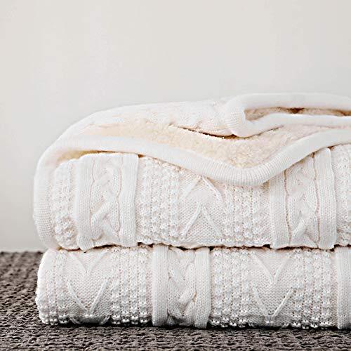 Longhui bedding Acrylic Cable Knit Sherpa Throw Blanket – Thick, Soft, Big, Cozy Ivory White Knitted Fleece Blankets for Couch, Sofa, Bed – Large 60 x 80 Inches Ivory White Coverlet, 5.2 Pounds
