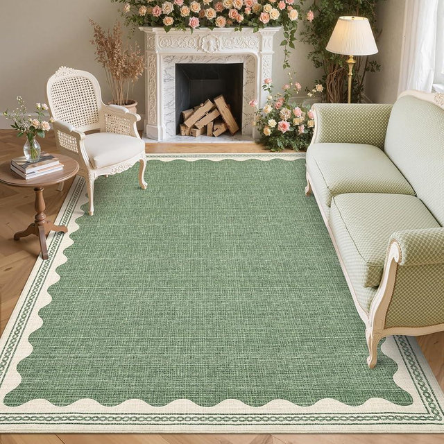 GarveeHome Scalloped Washable Rugs 5x7 Rug for Living Room, 5 x 7 Rug Solid Sage Green Modern Low-Pile Carpet for Bedroom Dining Nursery Non Slip Mat with Rubber Back