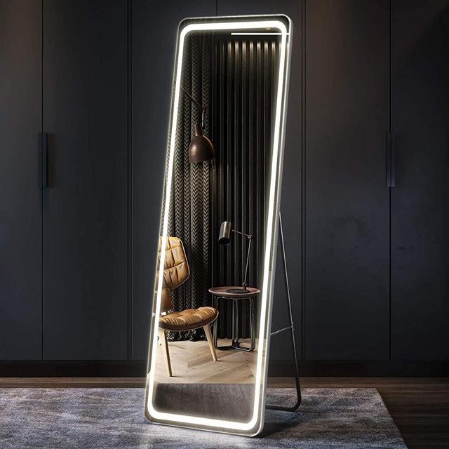 LVSOMT 63"x20" Full Length Mirror with Lights, LED Free Standing Body Mirror, Wall Mounted Lighted Vanity Mirror, Full Size Tall Mirror, Hanging Mirror, Big Stand Up Mirror for Bedroom (White)