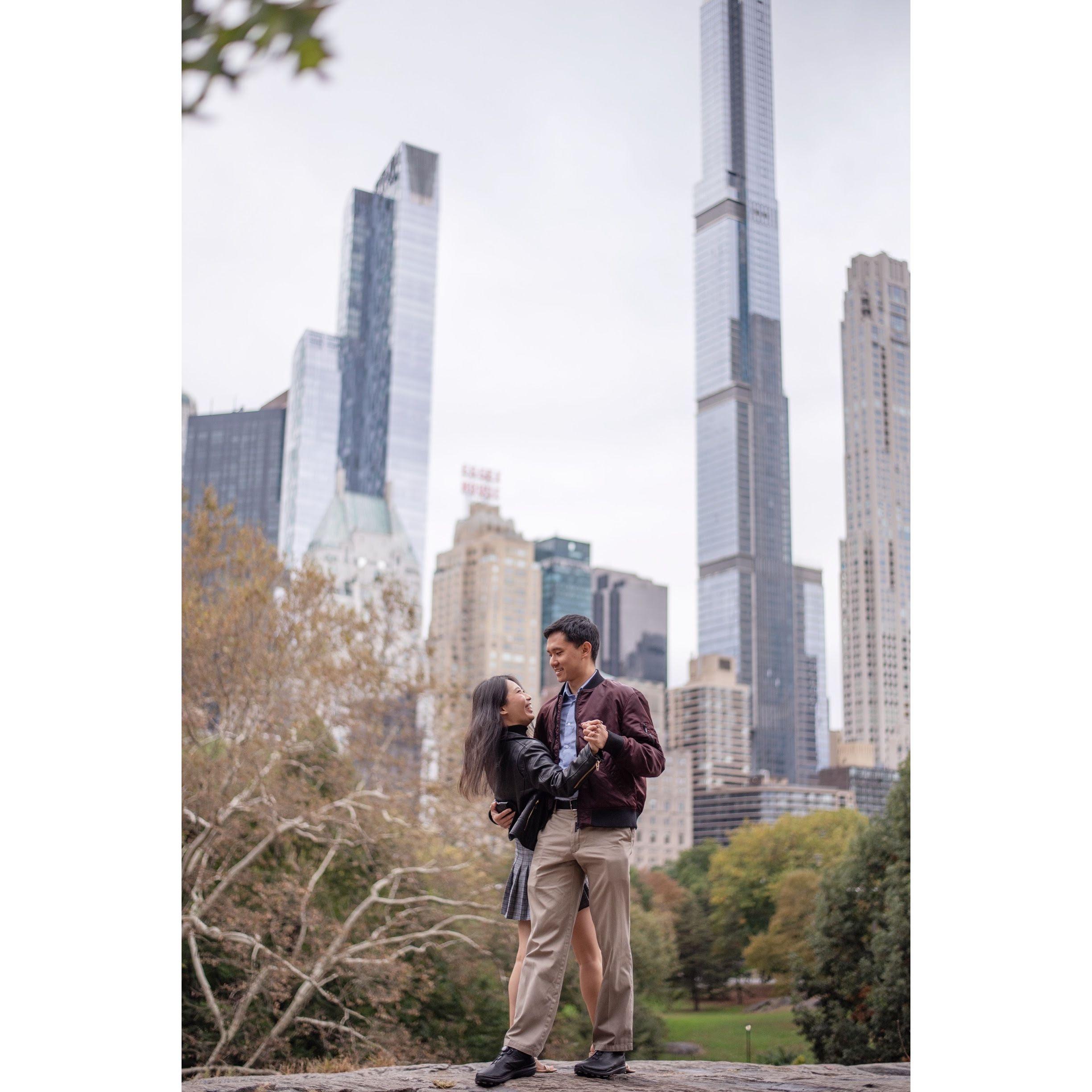 2021: Celebrating our 3-year anniversary in Central Park. We're trying to get some more dance practice in now so we don't have two left feet at the wedding...