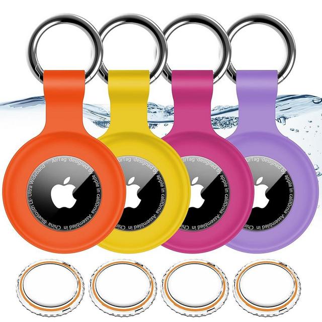 4 Pack,IPX8 Waterproof Airtag Holder for Apple Air Tags with Air Tag Keychain,Shockproof GPS Cover [Anti-Scratch][PC+Silicone] Air-Tag Item Finders Case for Pets,Luggage-Yellow/Purple/Orange/Rose Red