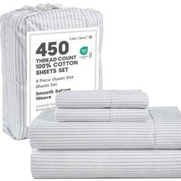 100% Cotton Queen Size Sheets Set - ticking stripe, cobalt blue