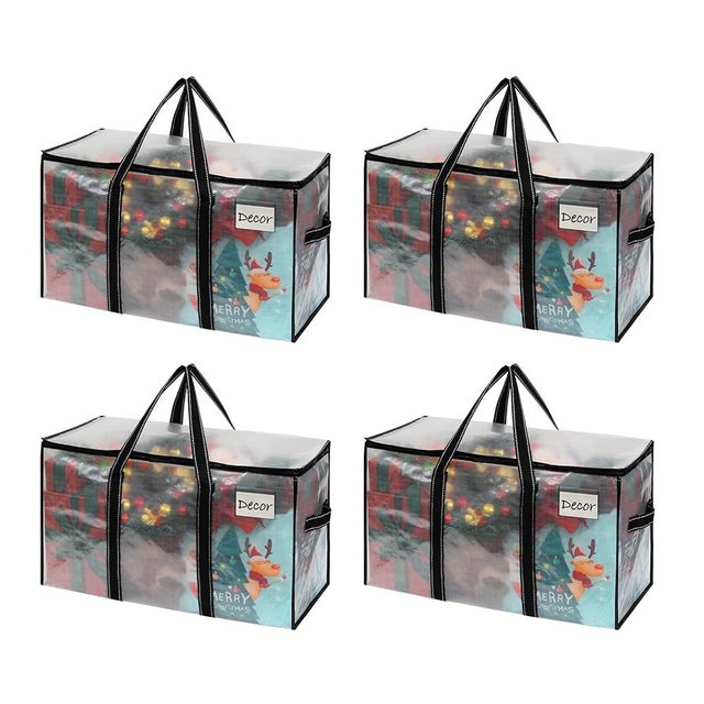 VENO 4 Pack Moving Bags & Large Christmas Storage Bins with lids for Decorations, Garland, Lights. Moving Boxes Packing Supplies for College Dorm. Extra Large Heavy Duty Totes (Clear-4 Pack)