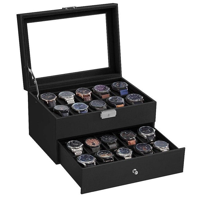 SONGMICS 20-Slot Watch Box, Watch Case with Glass Lid, 2 Layers, Lockable Watch Display Case, Black Synthetic Leather, Black Lining UJWB020B01