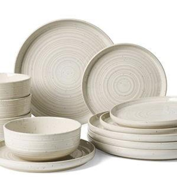 COLOR:Shell Beige Stoneware Dinnerware Sets, Plate and Bowl Sets for 4, 12 Pieces Spiral Flared Dishware Set with Speckles & Reactive Glaze - Microwave and Dishwasher Safe Tableware, Shell Beige