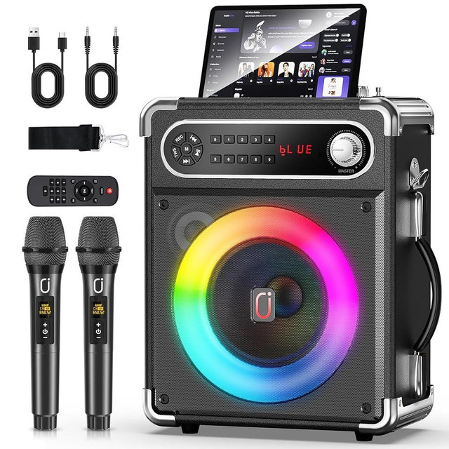 Karaoke Machine with 2 Wireless Microphones,【Upgraded 6.5"Woofer & 2"Tweeter】Portable Bluetooth 5.3 Karaoke Speaker, PA System with Bass/Treble/Echo Adjustment, Supports USB/AUX/TF/TWS for Home Party