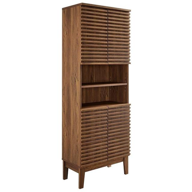 Modway Render Tall Bathroom Storage Tower in Walnut - 63” Freestanding Linen Cabinet with Open Shelves and 4 Soft-Close Doors - Towel and Makeup Organizer