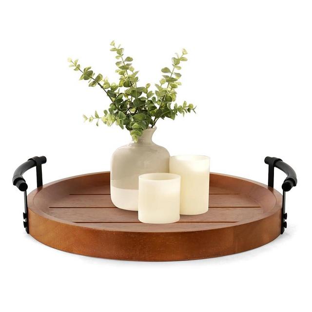 Oakrain Rustic Decorative Tray with Black Metal Handles, Round Wooden Tray for Coffee Table Organizer Home Decor Farmhouse Centerpiece Kitchen Counter Circle Serving Tray Vintage for Home Living Room