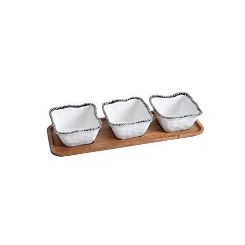 Pampa Bay Salerno - 3 Porcelain Bowls on Acacia Wood Tray