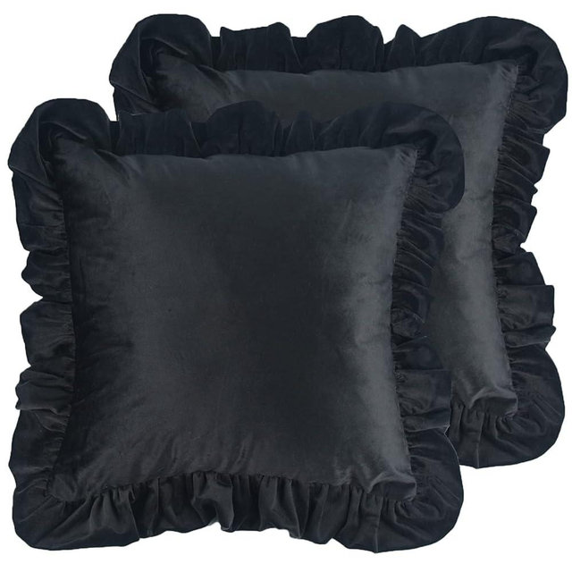 Jemiipee Velvet Ruffle Throw Pillow Covers Couch, Set of 2 Decorative Pillowcases with Ruffles 18x18 Inch Solid Color Shabby Chic Farmhouse Cushion Cover for Living Room Sofa Bed, Black