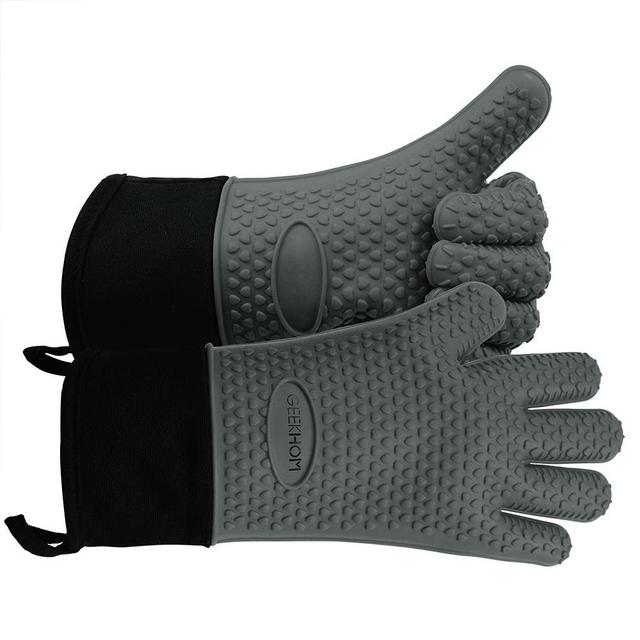 GEEKHOM Grilling Gloves, Heat Resistant Gloves BBQ Kitchen Silicone Oven Mitts, Long Waterproof Non-Slip Potholder for Barbecue, Cooking, Baking (Grey)