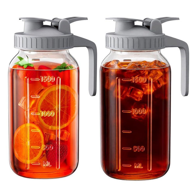 OneDream 2 Pack Glass Pitcher with Lid, 64 oz Sun Tea Glass Jar for Outside, Large Mason Jar Wide Mouth, Iced Tea Pitcher for Cold Beverages, Breast Milk