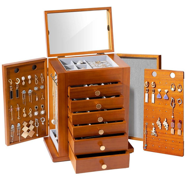 ProCase Large Jewelry Box, 7-Layer Wooden Jewelry Boxes for Women, Jewellery Holder Organizer Storage Case with Mirror for Earrings Bracelet Necklace for Dresser -Brown