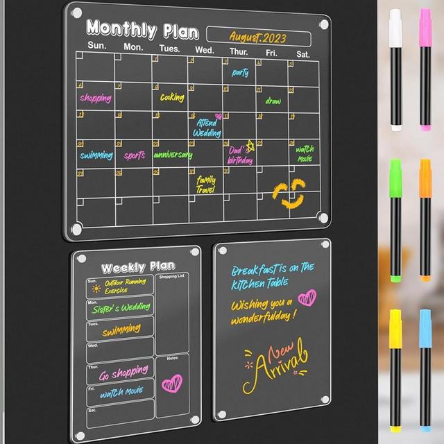 DIYMAG 3Pack Acrylic Magnetic Dry Erase Calendar for Fridge, Clear Acrylic Calendar Planning Board Set Magnetic Weekly Monthly Planner Memo Board for Refrigerator with 6 Highlight