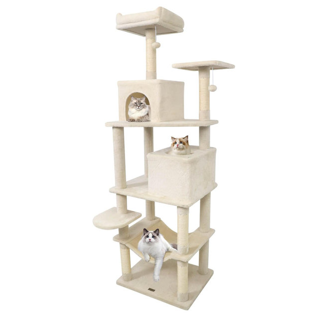 Costway 70” Cat Tree for Indoor Cats with Padded Top Perch, Dual Condos, Hammock, Platforms Beige