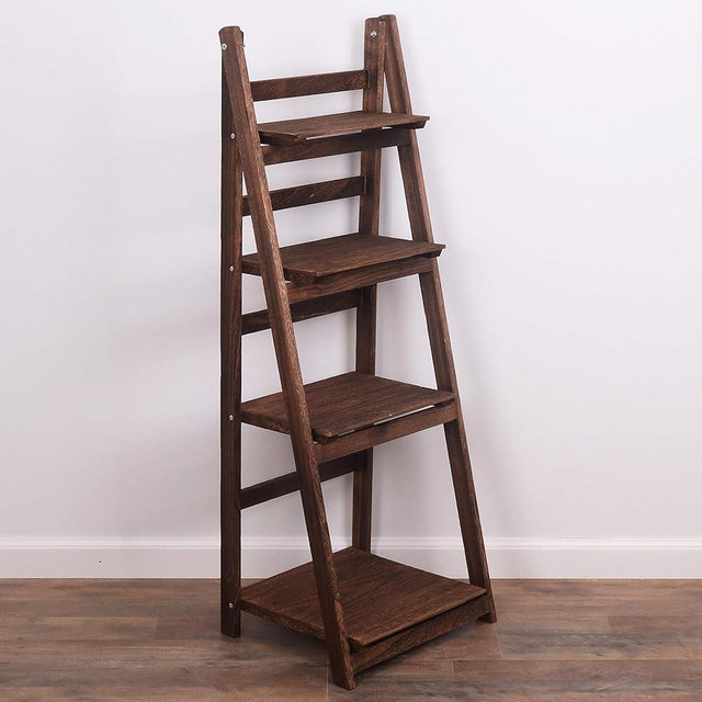 Milltown Merchants Ladder Shelf - Wooden Ladder Bookshelf - Leaning Bookshelf - Rustic Bookcase - Folding Bookcase (Dark Brown Ladder Shelf)