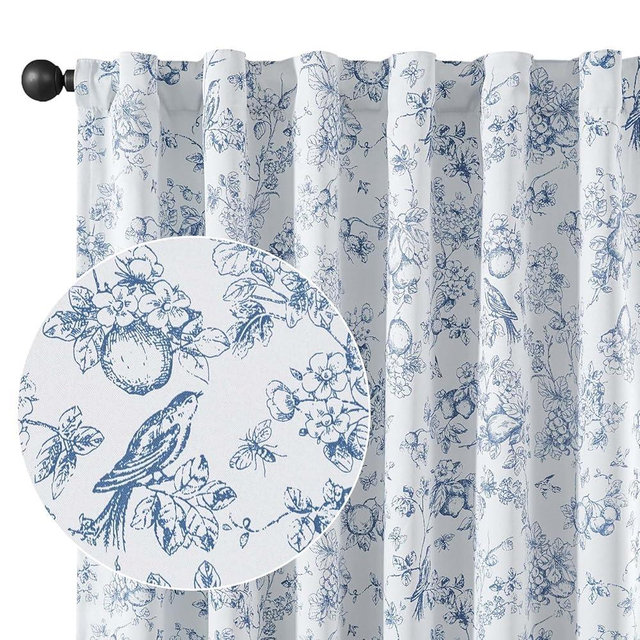 Vangao Blue Blackout Curtains for Bedroom 96 Inch Length, Country Flower Floral Curtains for Living Room Toile Cottagecore Thermal Insulated Window Drapes, 2 Panels Blue and White
