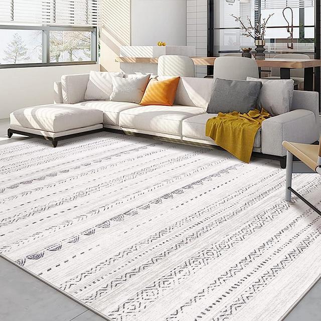 Area Rug Living Room Rugs: 5x7 Large Soft Machine Washable Boho Moroccan Farmhouse Neutral Stain Resistant Indoor Floor Rug Carpet for Bedroom Under Dining Table Home Office House Decor - Cream Grey