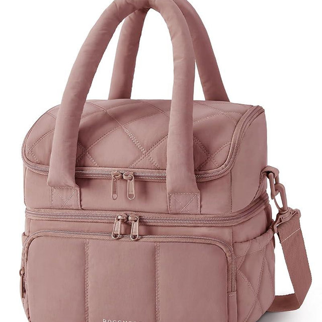 BAGSMART Lunch Bag Women, Double Deck Insulated Lunch Box, Quilted Puffer Lunch Tote, Leakproof, Durable & Reusable Large Lunch Cooler For Work Picnic Travel Meal Prep, Dark Pink