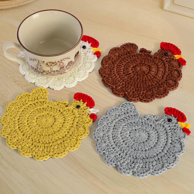 Handmade Crochet Chicken Coasters Set of 4 - Funny Gifts, Stuffed Animal-Themed Drink Coasters, Cute Desk Accessories, Home Decor, Tabletop Protection, Crazy Chicken Lady Must Have (Style 1)