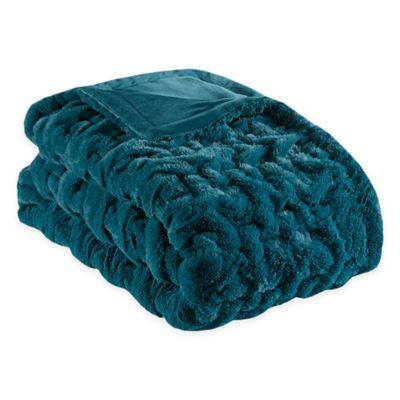 Madison Park Ruched Faux Fur Throw Blanket in Teal