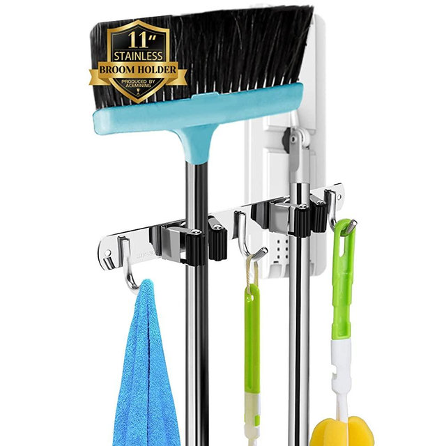 Broom and Mop Holder Wall Mounted Garage Organizer Storage Tool Racks Stainless Steel Heavy Duty Hooks Self Adhesive Solid Non-slip Rustproof Durable Wall Hangers for Home, Kitchen, Garden, Laundry room, Garage Organization and Storage (2 Racks & 3 Hooks)