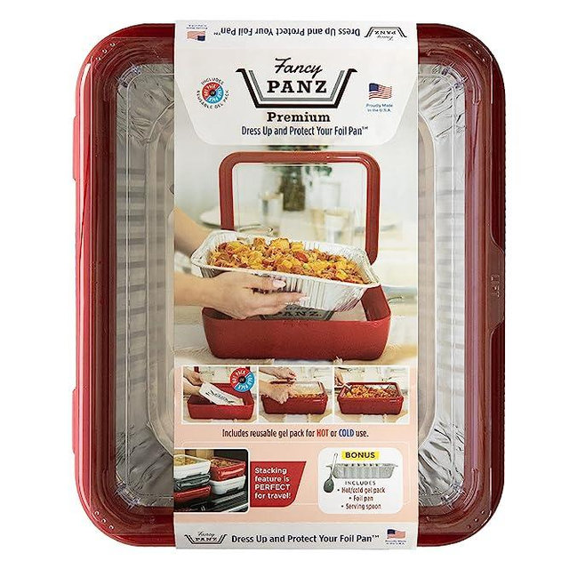 Fancy Panz Premium Dress Up & Protect Your Foil Pan, Made in USA. Hot/Cold Gel Pack, One Half Sized Foil Pan & Serving Spoon Included. Stackable for easy travel. BPA free (Red)