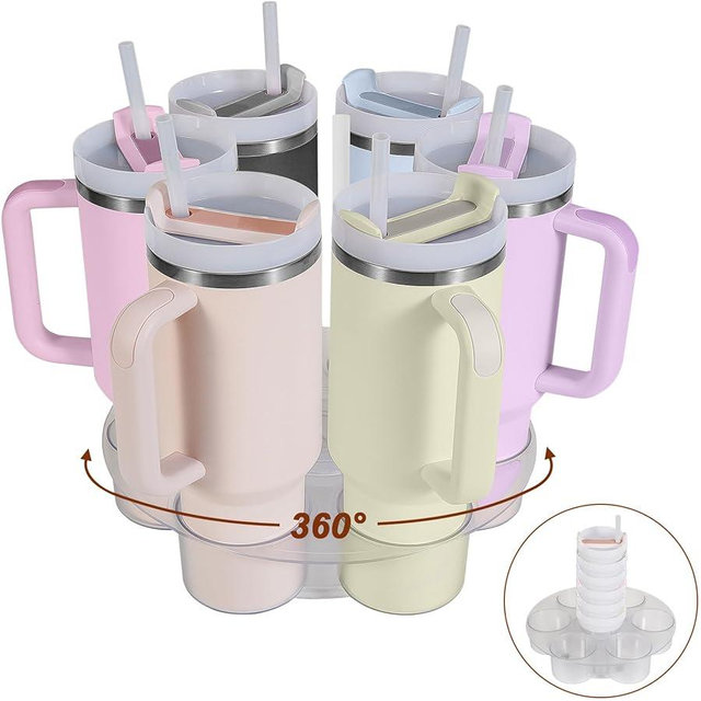 Aobiono Water Bottle Organizer for Stanley 40 oz Tumbler, Rotatable Cup Holder Stand 6 Slot Lazy Susan Spinning Carousel, Kitchen Cabinet Storage Accessories (Transparent)