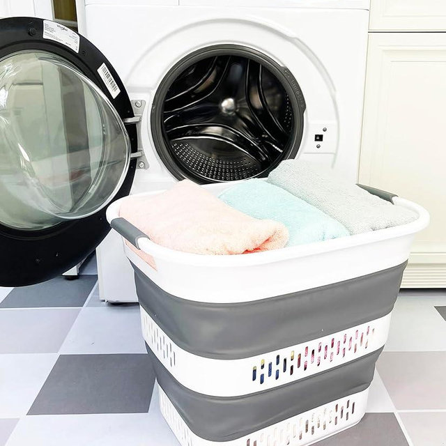 SAMMART 40L (10.5 Gallon) Foldable Plastic Laundry Basket - Collapsible Pop-Up Storage Organizer/Container – Portable Space-Efficient Laundry Hamper (1, White/Steel Grey)