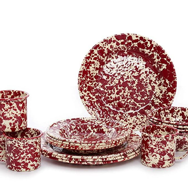 Enamelware Starter Set, 16 piece, Burgundy/Cream Splatter