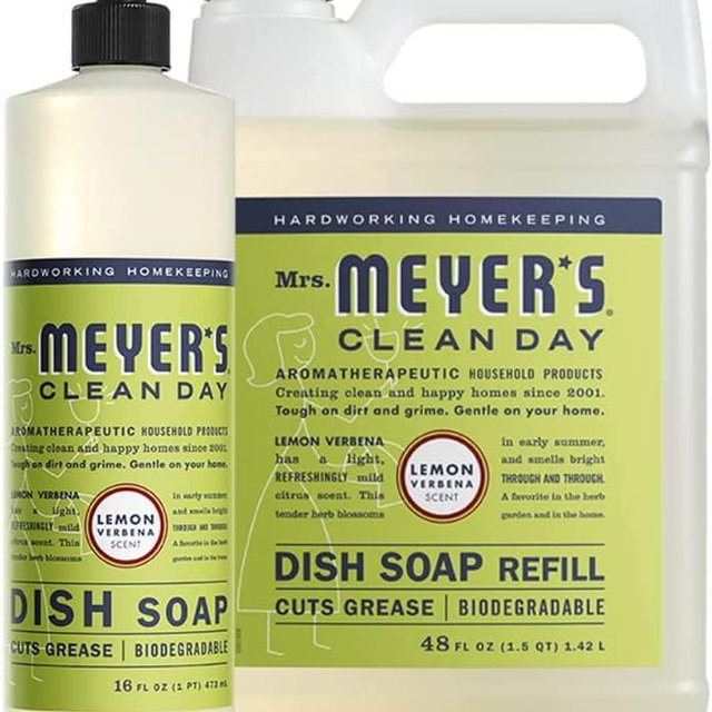 Mrs Meyers Dish Soap Refill Lemon Verbena Scent, Set Includes 48 oz. Refill and 16 oz. Bottle