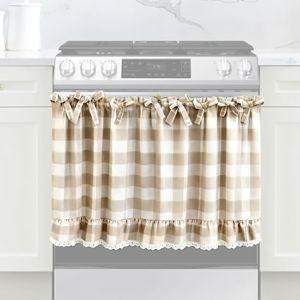 Beige and White Check Oven Skirt for Farmhouse Kitchen Decor, Cotton Blend Stove Cover Skirt with Lace Trim & 9 Ribbon Ties, Rustic Decorative Oven Door Curtain for Cottage Kitchen Decor