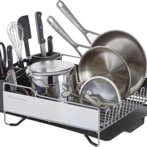 KitchenAid Large Capacity Full Size Rust Resistant Dish Rack with Angled Drain Board and Removable Flatware Caddy, Light Grey