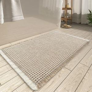 AMOAMI Upgraded Waffle Bath Mat, Super Absorbent Non Slip Bath Mats for Bathroom Floor, Machine Washable Bathroom Rugs with Tassels, Rubber Backed Bathroom Mats, Ultra Soft, 17" x 24",Brown & Cream