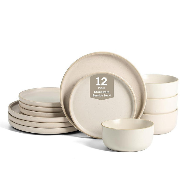 Earth & Clay Amber 12-Piece Dinnerware Set Stoneware, Dishwasher and Microwave Safe Plates and Bowls Set, Dish Set for 4, White Speckled