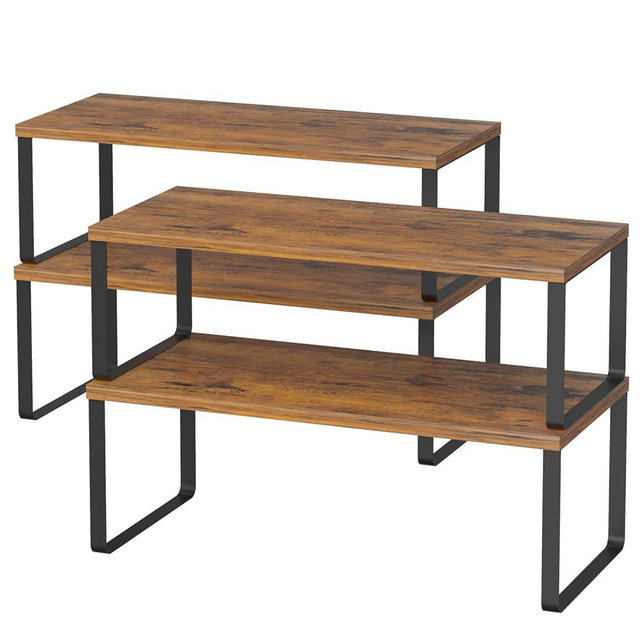 NEX Kitchen Cabinet and Counter Shelf Organizer, Stackable & Expandable, Set of 4, Black and Rustic Brown - 7.7 x 15.6 x 6.2''