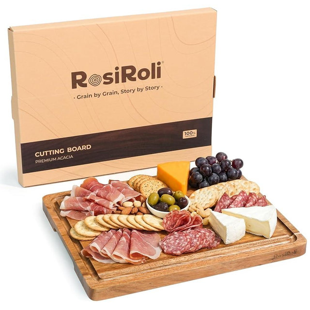 RosiRoli Acacia Wood Cutting Board for Kitchen - 13"x10" Everyday Chopping Board with Handles and Juice Grooves, Soild Wood Serving Tray for Cheese & Meat, Ideal Gift for Housewarming & Christmas