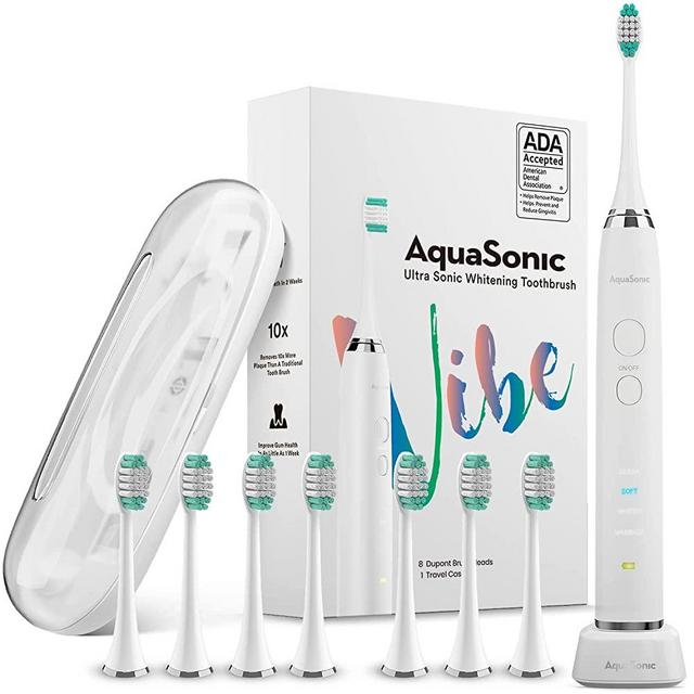AquaSonic Vibe Series Ultra Whitening Toothbrush – ADA Accepted Electric Toothbrush - 8 Brush Heads & Travel Case - Ultra Sonic Motor & Wireless Charging - 4 Modes w Smart Timer – Satin Optic White