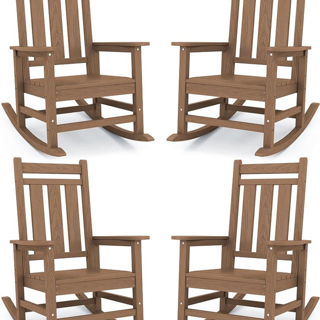 KINGYES Oversized Outdoor Rocking Chair Set of 4, All-Weather Patio Rocking Chairs for Porch, HDPE Outdoor Patio Recliner Rockers with High Back & Wide Seat for Garden, Lawn, Brown